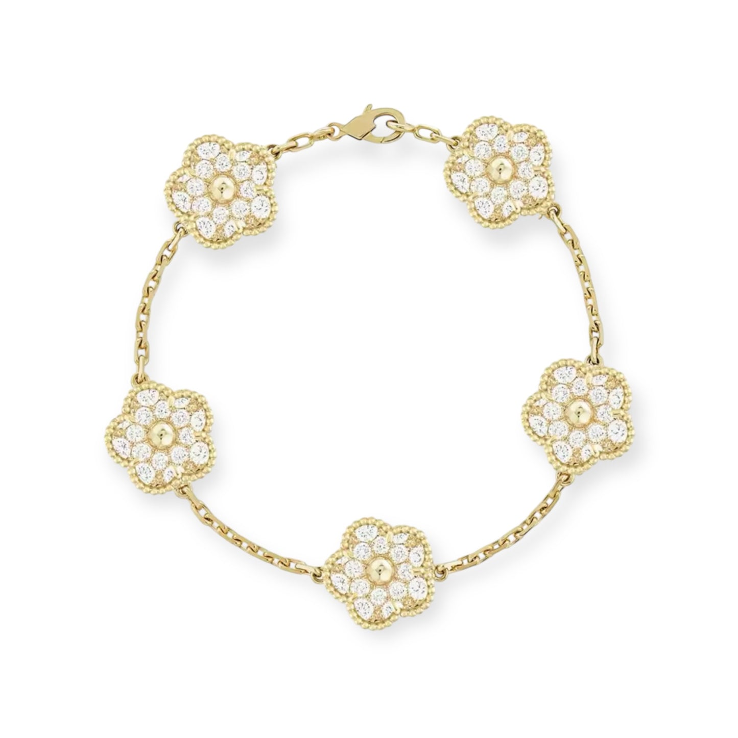 A 5 leaf gold clover bracelet with white diamantés on each clover