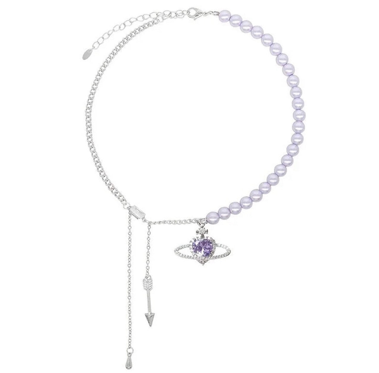 This is a half purple pearl and half silver chain necklace with a purple heart and halo pendant at the bottom.