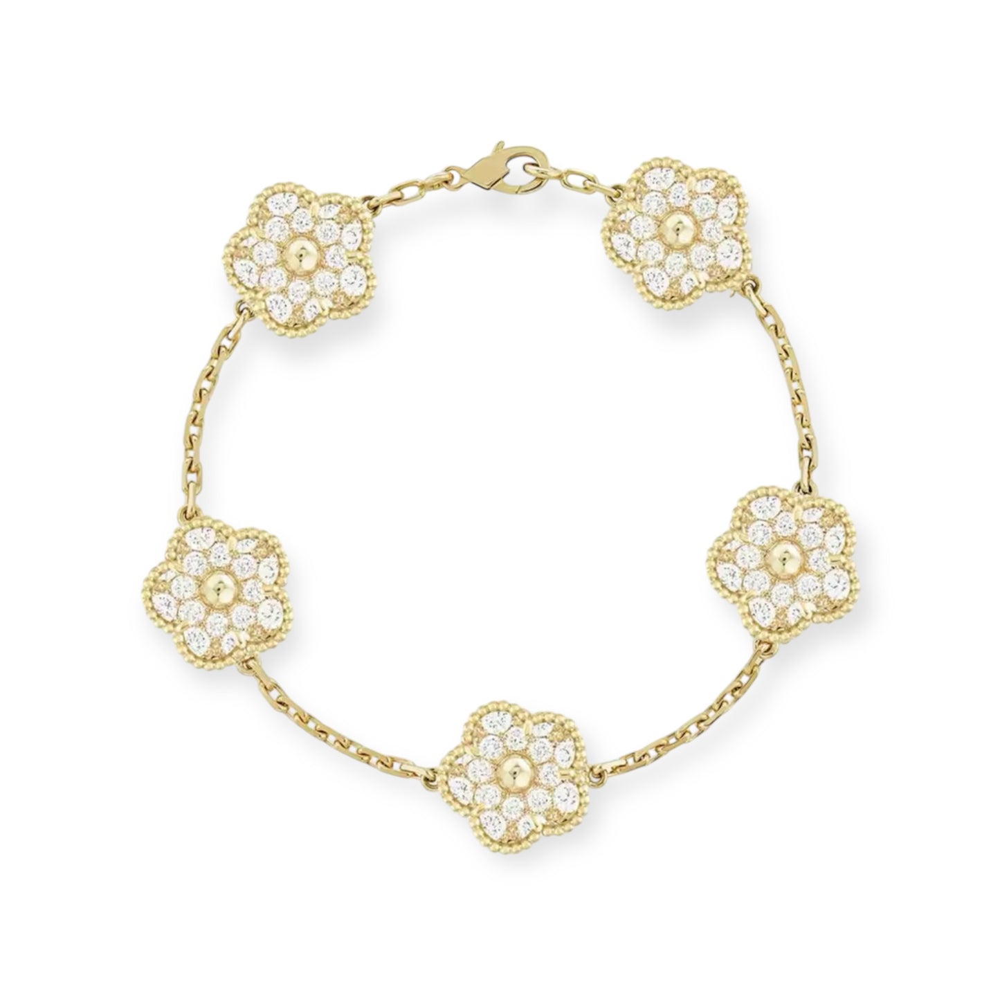 A 5 leaf gold clover bracelet with white diamantés on each clover 