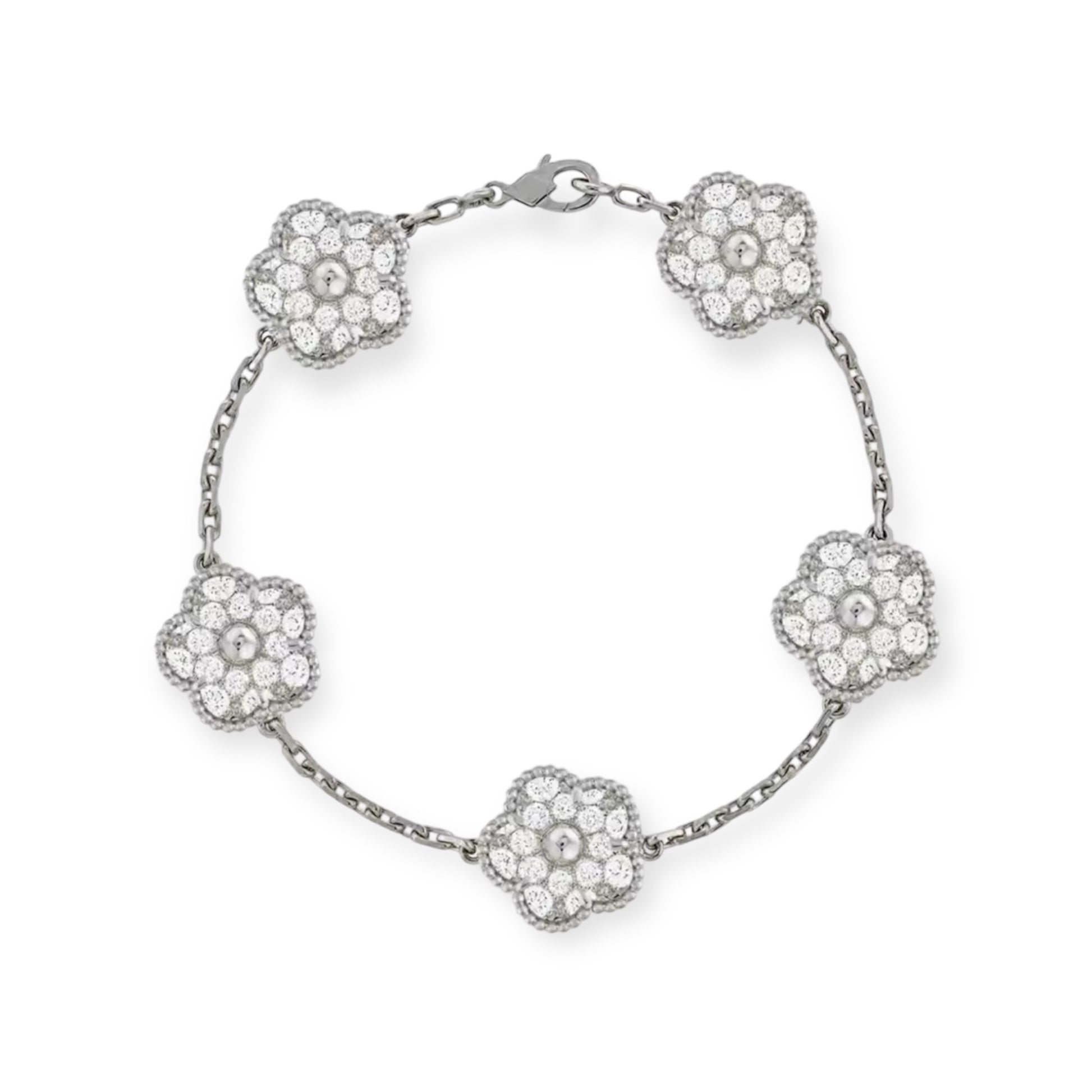 A 5 leaf silver clover bracelet with white diamantés on each clover 